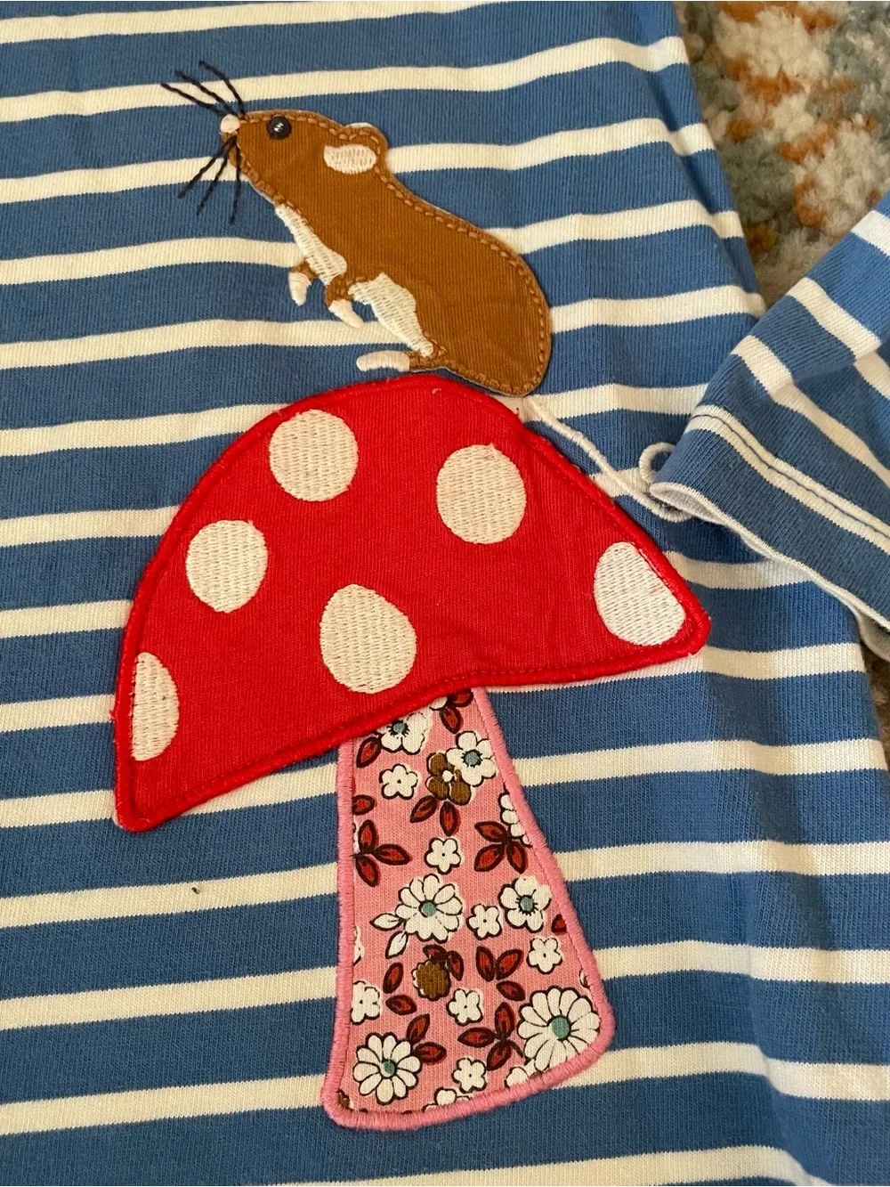 Mini Boden Blue & White Striped Long-Sleeve Tunic with Mouse Mushroom Appliqués